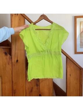 Green beaded top with cap sleeves and V-neckline. y2k fairy